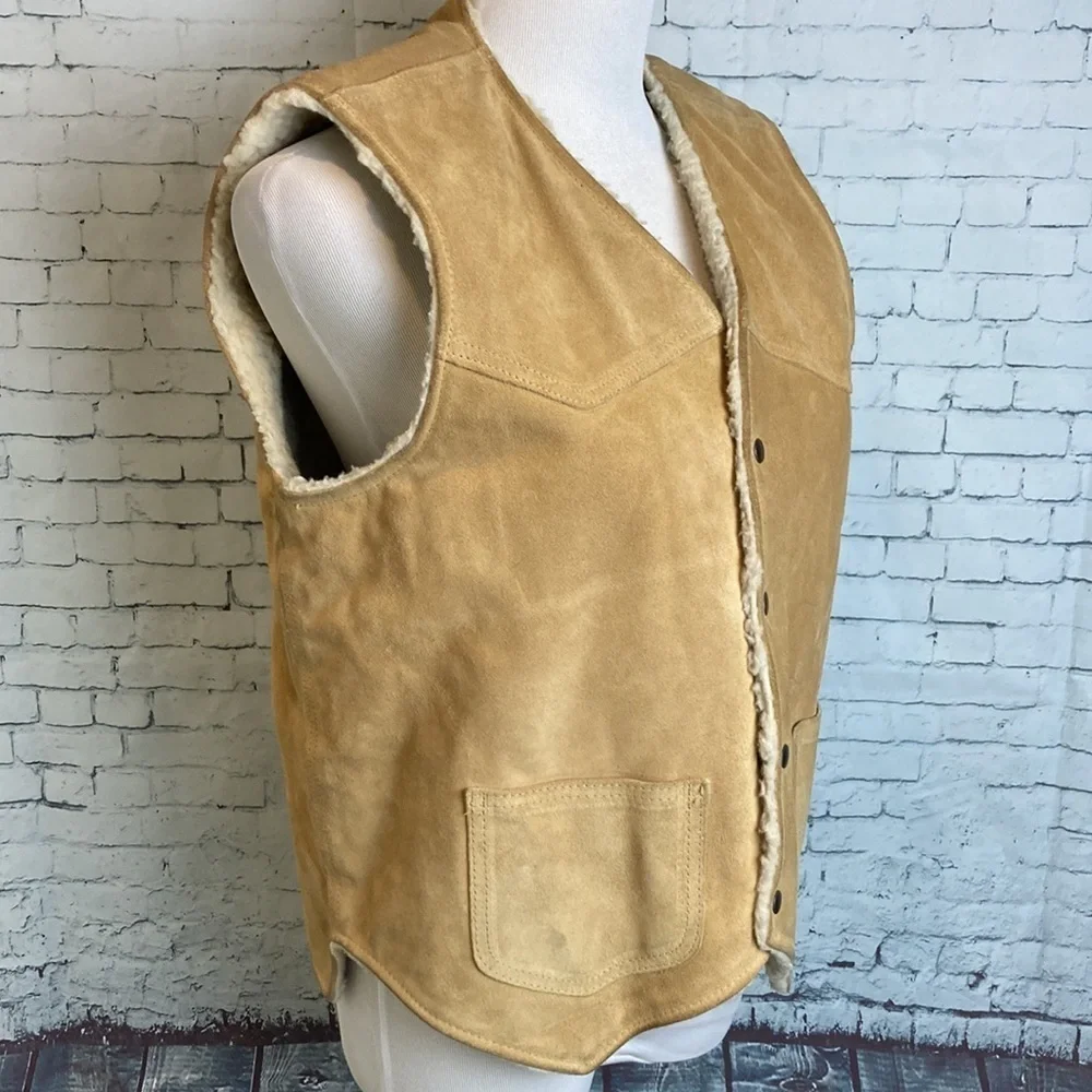 Vintage The Leather Shop Sears Suede Vest Faux Shearling Lining M Western Rodeo